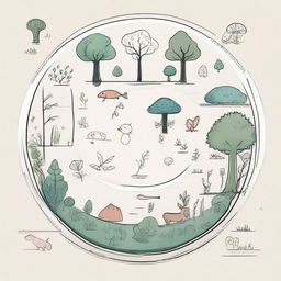 A manageable drawing prompt of a forest ecosystem situated on a plate, with a balance between simplicity and details. It includes basic shapes for trees, simplified flowers, small creatures, and water bodies.