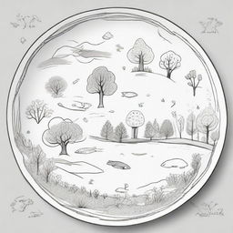 A manageable drawing prompt of a forest ecosystem situated on a plate, with a balance between simplicity and details. It includes basic shapes for trees, simplified flowers, small creatures, and water bodies.