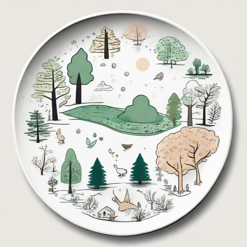 A manageable drawing prompt of a forest ecosystem situated on a plate, with a balance between simplicity and details. It includes basic shapes for trees, simplified flowers, small creatures, and water bodies.