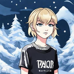 An anime rendition of Taylor Swift as a boy, dressed in black with a 'Rep T.V.' shirt, an icy snake coiled around his neck in a frosty environment.