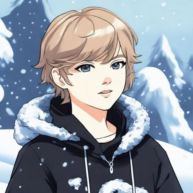 An anime rendition of Taylor Swift as a boy, dressed in black with a 'Rep T.V.' shirt, an icy snake coiled around his neck in a frosty environment.