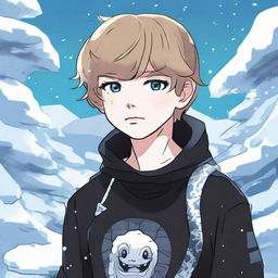 An anime rendition of Taylor Swift as a boy, dressed in black with a 'Rep T.V.' shirt, an icy snake coiled around his neck in a frosty environment.