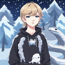 An anime rendition of Taylor Swift as a boy, dressed in black with a 'Rep T.V.' shirt, an icy snake coiled around his neck in a frosty environment.