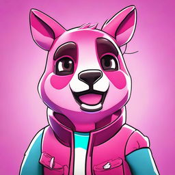 Close-up image in 2D outline animated style of Fortnite's Cuddle Team Leader, giving a thumbs up with expressive eyes and vibrant colors.