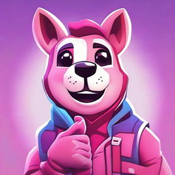 Close-up image in 2D outline animated style of Fortnite's Cuddle Team Leader, giving a thumbs up with expressive eyes and vibrant colors.