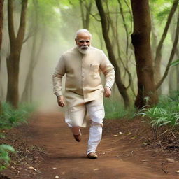 Narendra Modi running swiftly, with a majestic tiger trailing beside him. They are in a lush forest setting.