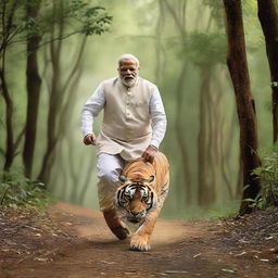 Narendra Modi running swiftly, with a majestic tiger trailing beside him. They are in a lush forest setting.