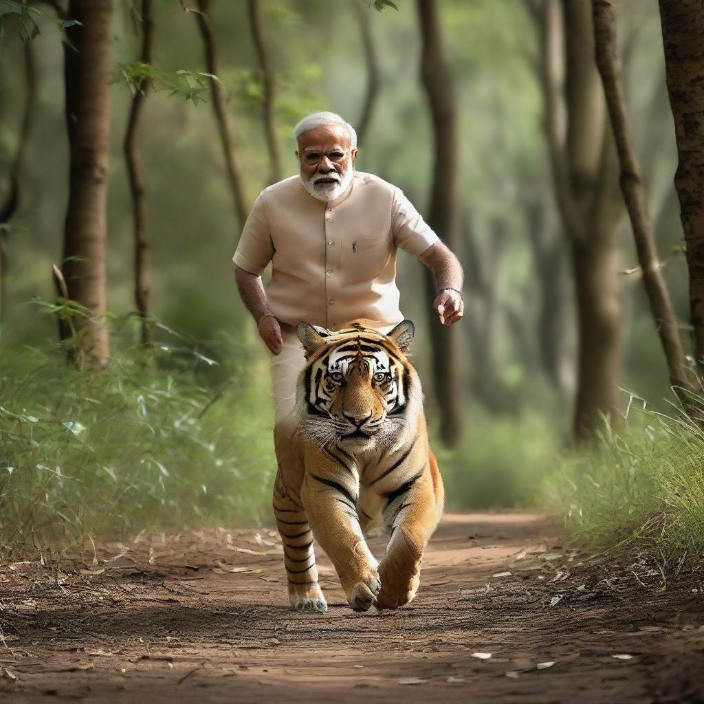 Narendra Modi running swiftly, with a majestic tiger trailing beside him. They are in a lush forest setting.