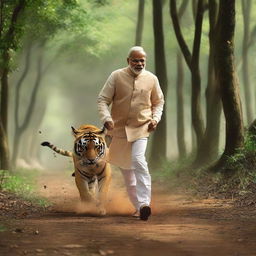 Narendra Modi running swiftly, with a majestic tiger trailing beside him. They are in a lush forest setting.