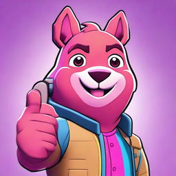 Capture an animated 2D outline style close-up of Fortnite's Cuddle Team Leader giving a thumbs up, with attention to expressive eyes and vibrant colors