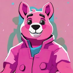 Capture an animated 2D outline style close-up of Fortnite's Cuddle Team Leader giving a thumbs up, with attention to expressive eyes and vibrant colors