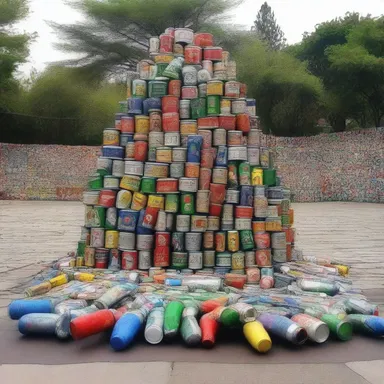The artist created a thought-provoking sculpture using various trashy materials like empty cans and plastic bottles.