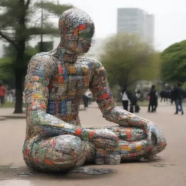The artist created a thought-provoking sculpture using various trashy materials like empty cans and plastic bottles.
