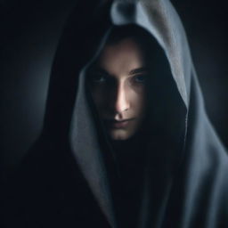 A woman in a shadowy setting, veiled in mystery, wearing a cloak with a hood obscuring her face partially. She emanates an air of mystery and intrigue.