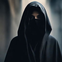 A woman in a shadowy setting, veiled in mystery, wearing a cloak with a hood obscuring her face partially. She emanates an air of mystery and intrigue.