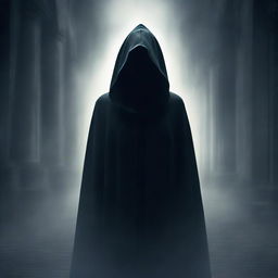 A woman in a shadowy setting, veiled in mystery, wearing a cloak with a hood obscuring her face partially. She emanates an air of mystery and intrigue.