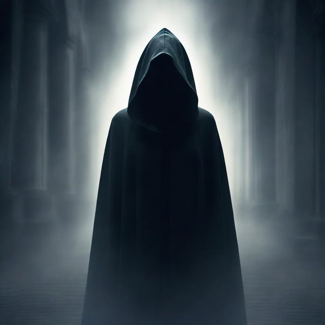 A woman in a shadowy setting, veiled in mystery, wearing a cloak with a hood obscuring her face partially. She emanates an air of mystery and intrigue.