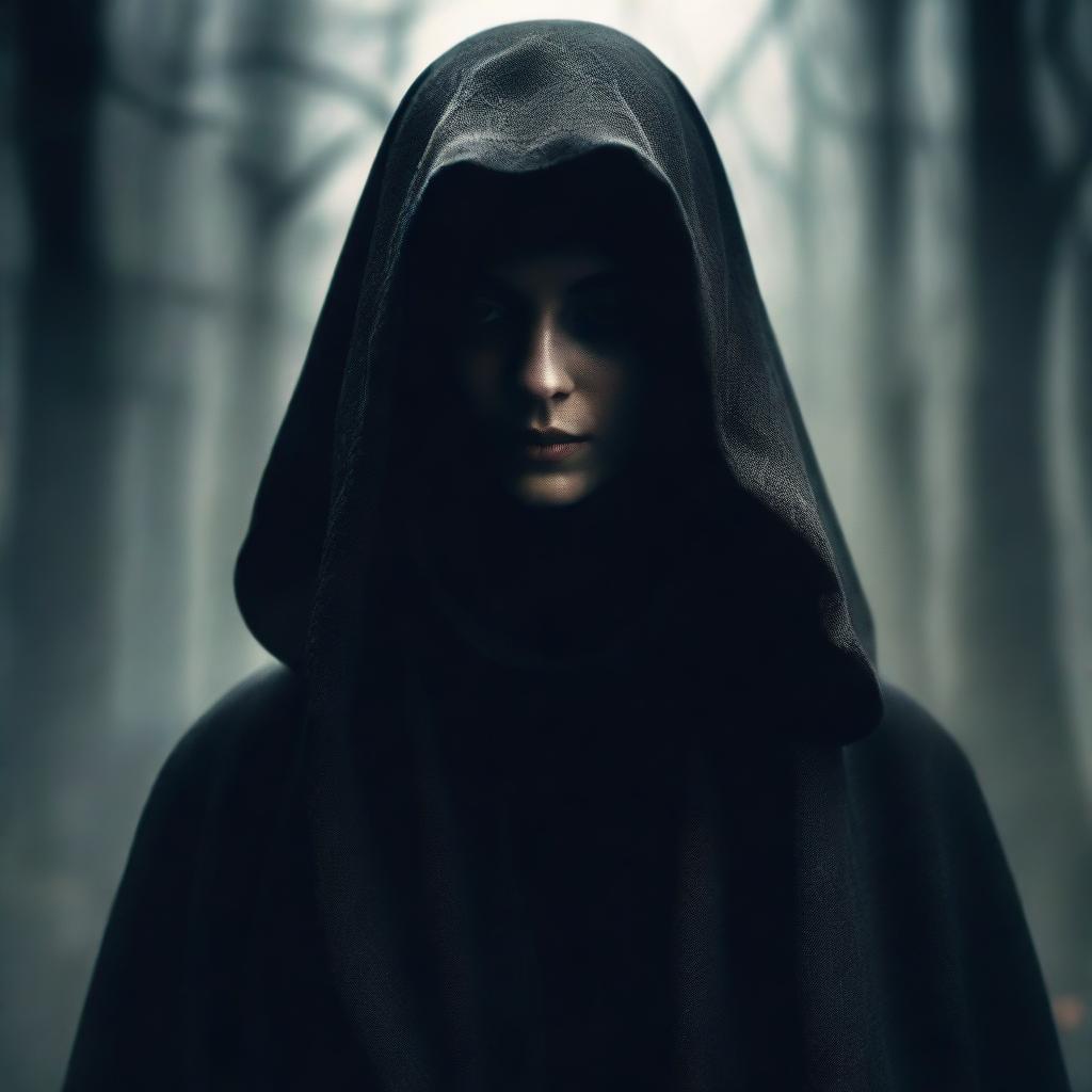 A woman in a shadowy setting, veiled in mystery, wearing a cloak with a hood obscuring her face partially. She emanates an air of mystery and intrigue.