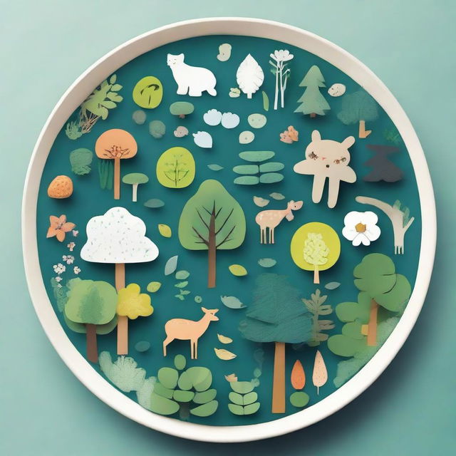 A slightly more challenging drawing of a forest ecosystem on a plate including distinct types of trees with individual leaf shapes, recognizable species of flowers, simple animals and reflective water bodies.