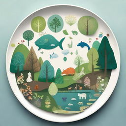 A slightly more challenging drawing of a forest ecosystem on a plate including distinct types of trees with individual leaf shapes, recognizable species of flowers, simple animals and reflective water bodies.