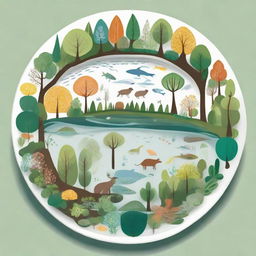 A slightly more challenging drawing of a forest ecosystem on a plate including distinct types of trees with individual leaf shapes, recognizable species of flowers, simple animals and reflective water bodies.