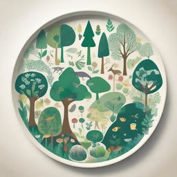 A slightly more challenging drawing of a forest ecosystem on a plate including distinct types of trees with individual leaf shapes, recognizable species of flowers, simple animals and reflective water bodies.