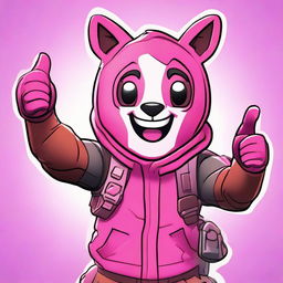 2D outline animated close-up of Fortnite's Cuddle Team Leader showing a thumbs up, with energetic expressions and vibrant colors.