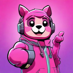 2D outline animated close-up of Fortnite's Cuddle Team Leader showing a thumbs up, with energetic expressions and vibrant colors.