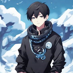 An anime-style boy attired in black, shirt adorned with 'Rep T.V.' print, an ice snake nestled around his neck in a frosty environment.