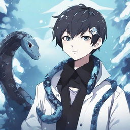 An anime-style boy attired in black, shirt adorned with 'Rep T.V.' print, an ice snake nestled around his neck in a frosty environment.