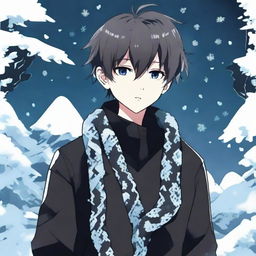 An anime-style boy attired in black, shirt adorned with 'Rep T.V.' print, an ice snake nestled around his neck in a frosty environment.