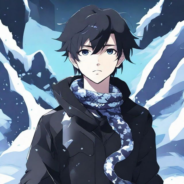 An anime-style boy attired in black, shirt adorned with 'Rep T.V.' print, an ice snake nestled around his neck in a frosty environment.