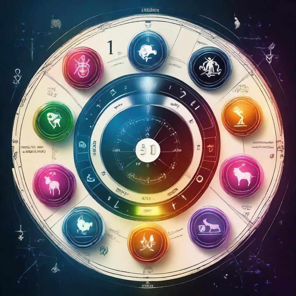 Create a futuristic background with 12 distinct sections, each representing a zodiac sign's horoscope for January 10.