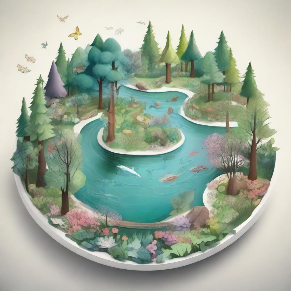 An intermediate level drawing concept of a forest ecosystem on a plate that includes unique tree species with distinguishable leaf structures, various types of flowers, simplistic fauna, and subtly shimmering water bodies.