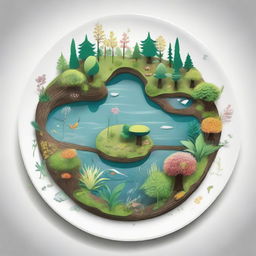 An intermediate level drawing concept of a forest ecosystem on a plate that includes unique tree species with distinguishable leaf structures, various types of flowers, simplistic fauna, and subtly shimmering water bodies.