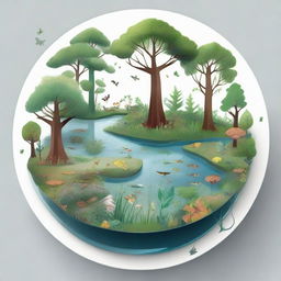 An intermediate level drawing concept of a forest ecosystem on a plate that includes unique tree species with distinguishable leaf structures, various types of flowers, simplistic fauna, and subtly shimmering water bodies.