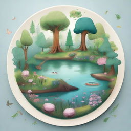 An intermediate level drawing concept of a forest ecosystem on a plate that includes unique tree species with distinguishable leaf structures, various types of flowers, simplistic fauna, and subtly shimmering water bodies.