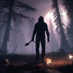 Depict a chilling scene from the video game, Dead by Daylight. Capture the eerie atmosphere with pale moonlight casting long shadows, and a heart pounding chase with the iconic killer and desperate survivors.