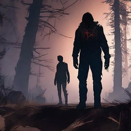 Depict a chilling scene from the video game, Dead by Daylight. Capture the eerie atmosphere with pale moonlight casting long shadows, and a heart pounding chase with the iconic killer and desperate survivors.