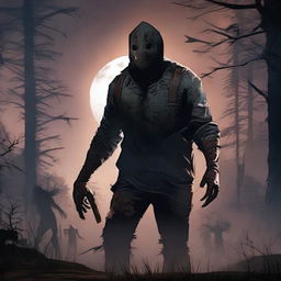 Depict a chilling scene from the video game, Dead by Daylight. Capture the eerie atmosphere with pale moonlight casting long shadows, and a heart pounding chase with the iconic killer and desperate survivors.