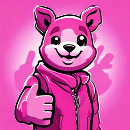 2D outline animated style close-up of Fortnite's Cuddle Team Leader giving a thumbs up, expressing positivity with vivid colors and expressive eyes.