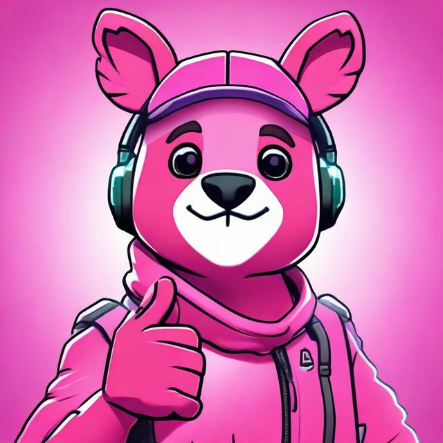 2D outline animated style close-up of Fortnite's Cuddle Team Leader giving a thumbs up, expressing positivity with vivid colors and expressive eyes.