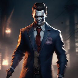 Generate an image of Ace Visconti, the lucky gambler character from the game Dead by Daylight. Show him in his signature suit with his charming smile, within the eerie atmosphere of the ominous game setting.