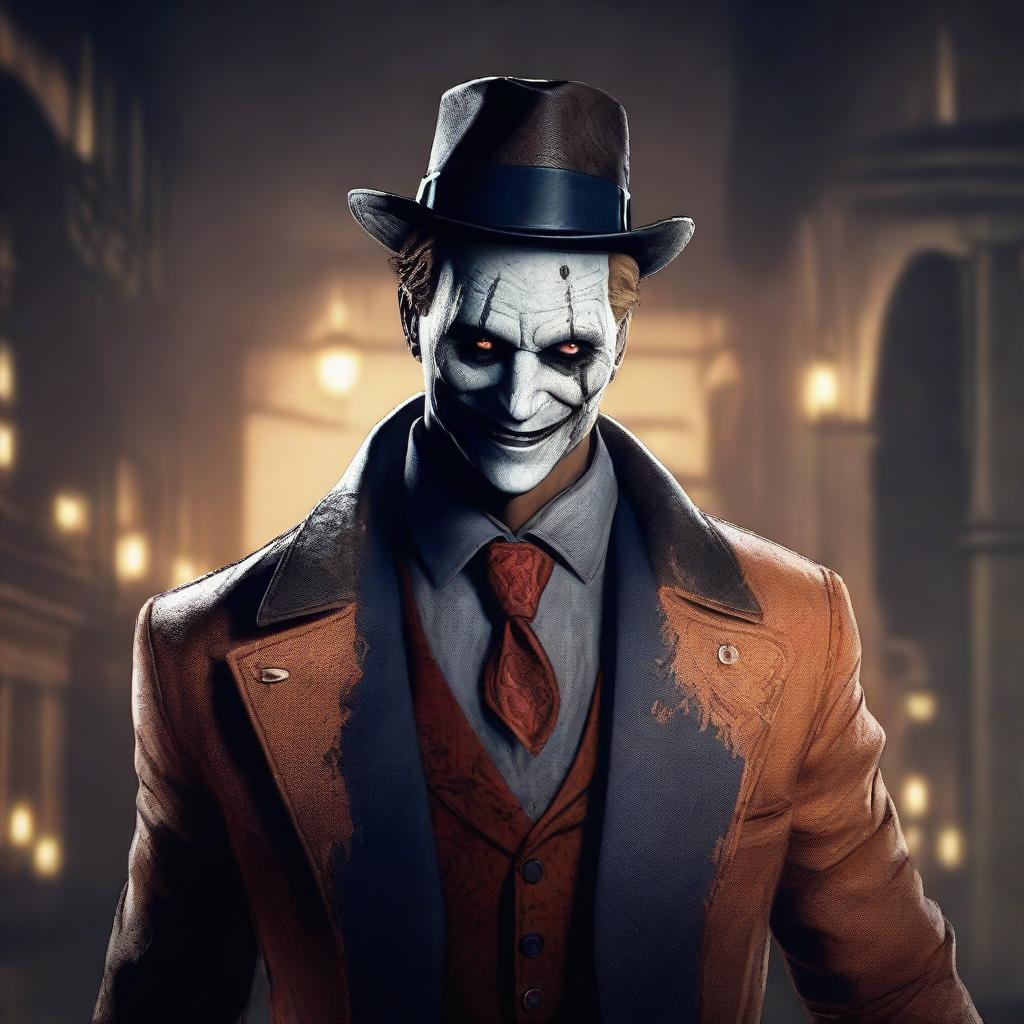 Generate an image of Ace Visconti, the lucky gambler character from the game Dead by Daylight. Show him in his signature suit with his charming smile, within the eerie atmosphere of the ominous game setting.