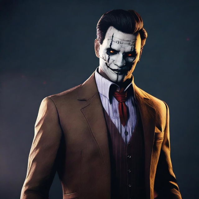 Generate an image of Ace Visconti, the lucky gambler character from the game Dead by Daylight. Show him in his signature suit with his charming smile, within the eerie atmosphere of the ominous game setting.