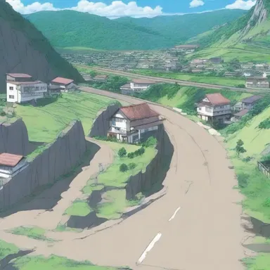 In the anime series, the characters had to take a roundabout way to reach their destination due to a landslide blocking the main road.