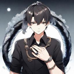 An anime-style boy elegantly dressed in black, wearing a shirt that showcases 'Rep T.V.', adorns an intricate ring shaped as a snake, made entirely of ice.