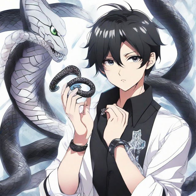 An anime-style boy elegantly dressed in black, wearing a shirt that showcases 'Rep T.V.', adorns an intricate ring shaped as a snake, made entirely of ice.