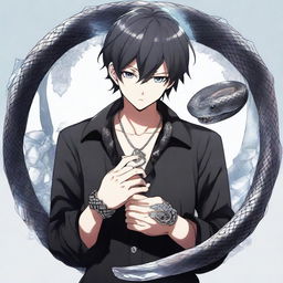 An anime-style boy elegantly dressed in black, wearing a shirt that showcases 'Rep T.V.', adorns an intricate ring shaped as a snake, made entirely of ice.