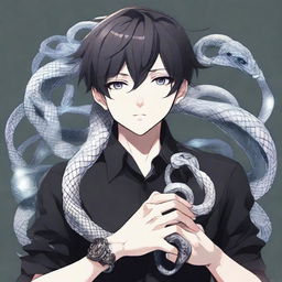 An anime-style boy elegantly dressed in black, wearing a shirt that showcases 'Rep T.V.', adorns an intricate ring shaped as a snake, made entirely of ice.